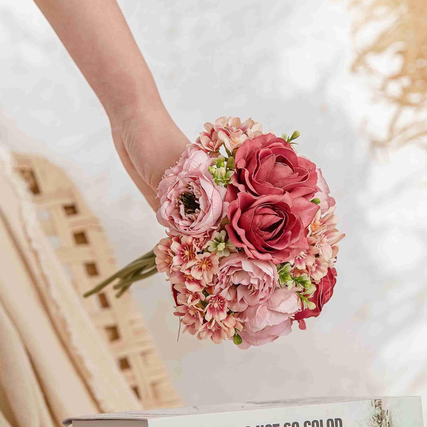 2pcs Artificial Flower Bouquets,12 Inch Wedding Bouquet for Bridesmaid, Tossing Bouquet for Bridal Shower Wedding Ceremony,White and Green