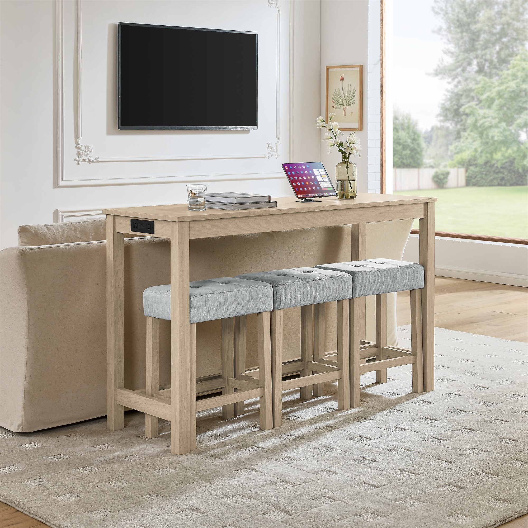 DEALTOPS 4-Piece Bar Table Set with Charging Station, 59" Counter Table with 3 Soft Stools for Small Space, Light Oak