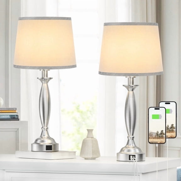 NiteLoom 22.5" Table Lamps Set of 2 with USB-A C, Modern Nightstand Lights with 3-Way Dimmable for Bedroom, Living Room, Dorm, Office, Gray