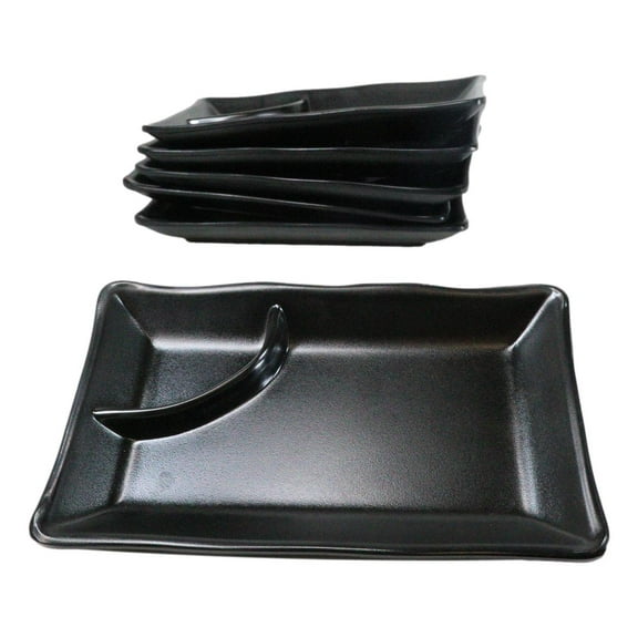 Pack Of 6 Ridged Matte Black Melamine 2 Partitions Rectangular Sushi Plates