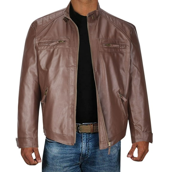 Hfyihgf Men's Casual Stand Collar Faux Leather Jacket Full Zip-Up Lightweight Motorcycle Bomber Jacket Coat with Zipper Pockets(Brown,L)