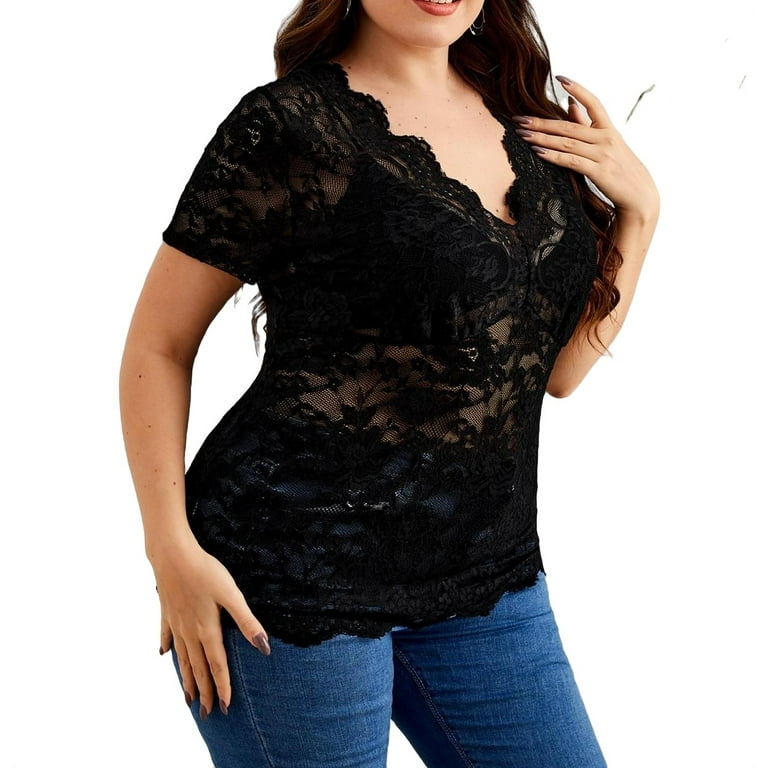 Sexy Solid V neck Short Sleeve Black Plus Size Womens Tops (Women's)