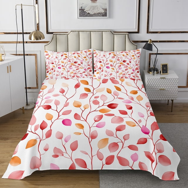 YST Ensemble de Couvre-Lit Floral Boho Simple pour Enfants Garçons Filles Ensemble de Courtepointe Fleur Aquarelle, Ensemble de Couvre-Lit Feuilles Rouges Roses Ensemble de Literie Plante Mignonne, Thème Botanique Couverture de Lit
