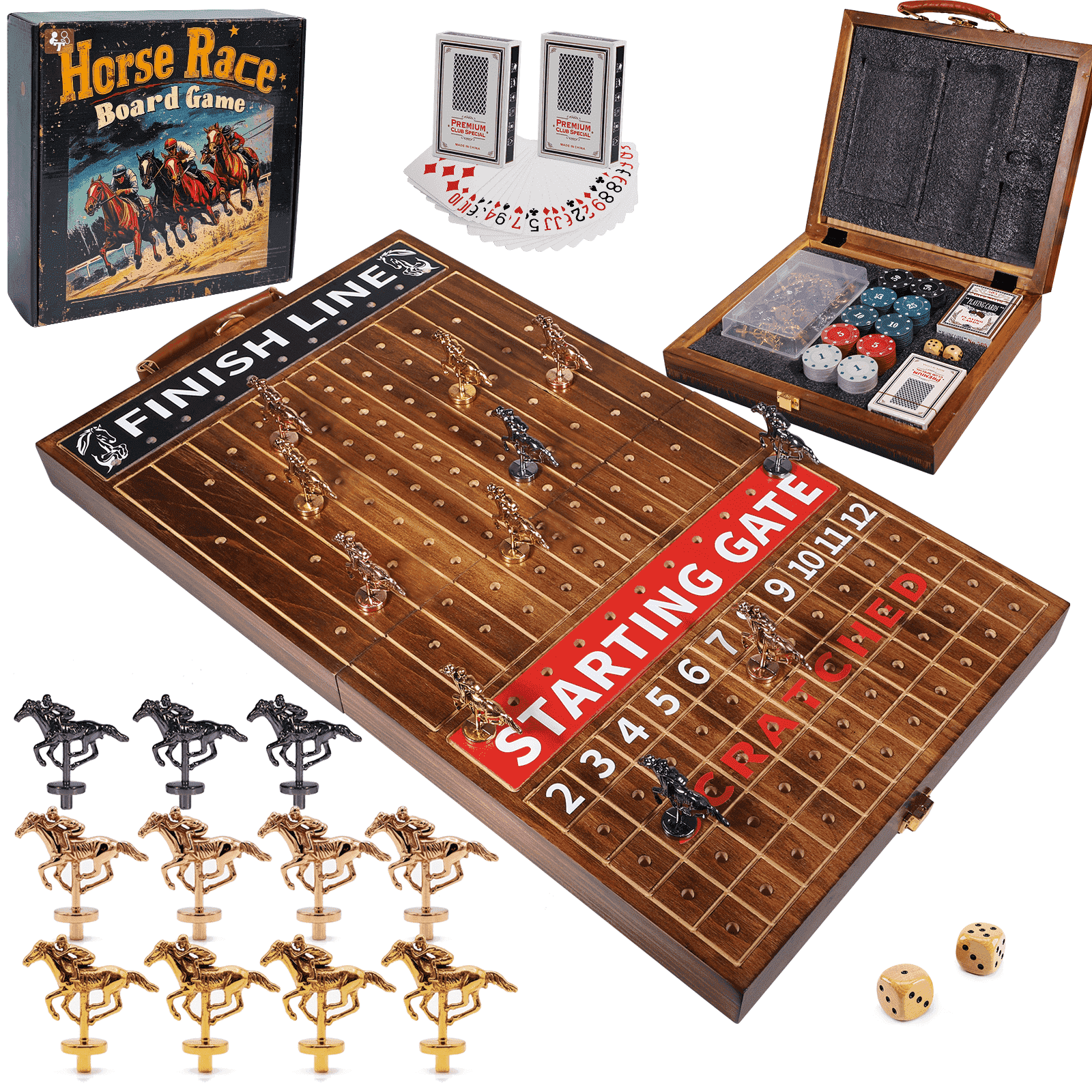 Wooden Adult Folding Finish Line Horse Racing Board Game Flame with 11 Metal Horses 1 Pack