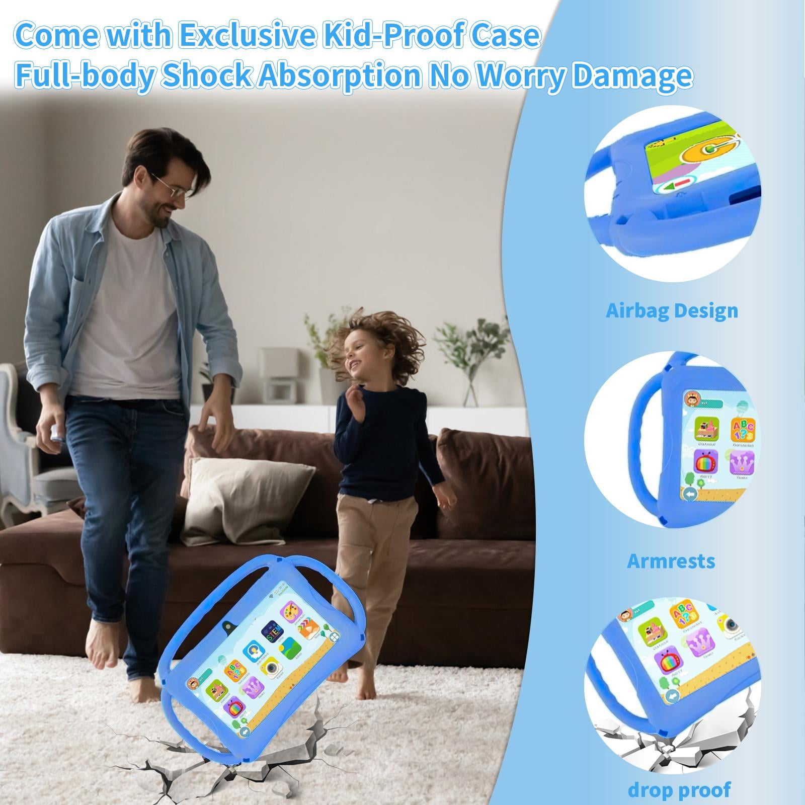 Kids Tablet 7 inch Android for Toddler, 6GB RAM 32GB ROM Bluetooth IPS Screen Parental Control Dual Camera Shockproof Case for Educational Games, (Blue)