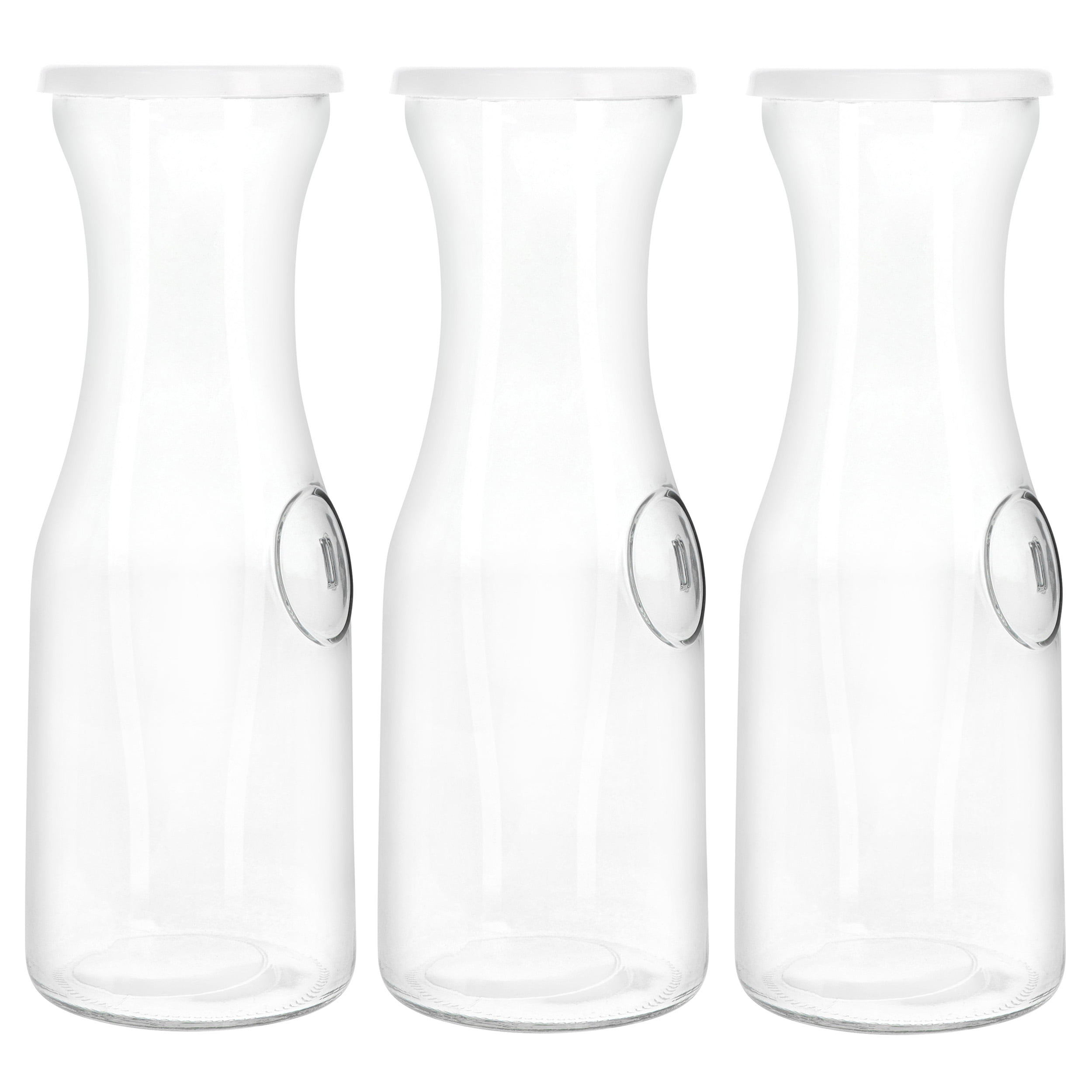 AYL Set of 4 Glass Carafe with Lids, 1 Liter Water Pitcher Beverage  Serveware Carafe, Clear Glass Pitcher for Mimosa Bar, Cold Water, Brunch,  Wine