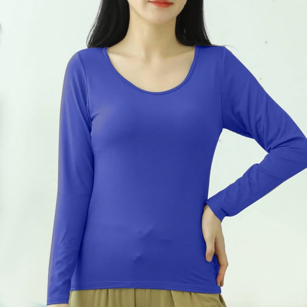 Pijama de manga larga para mujer, color liso, manga larga, cuello redondo, con copa acolchada, ropa de casa, pijama modal para mujer