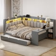 thumbnail image 4 of Harper & Bright Designs Full Size Corner Daybed with Storage Shelves & Trundle, Wood Corner Bed with Charging Station & LED Light, Desk & Upholstered Headboard and Backrest, Gray, 4 of 14