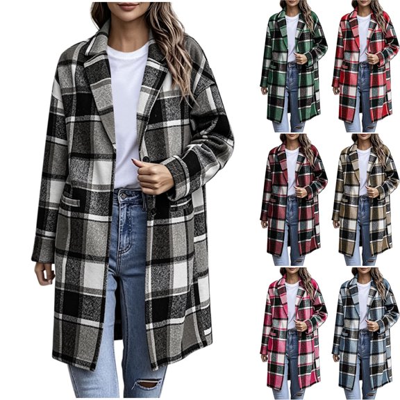 Tqcoqu Long Wool Blend Jacket for Women, Hooded Plaid Coat Oversized Button Down Shacket 2026 Fall Winter Casual Warm Trench Coats