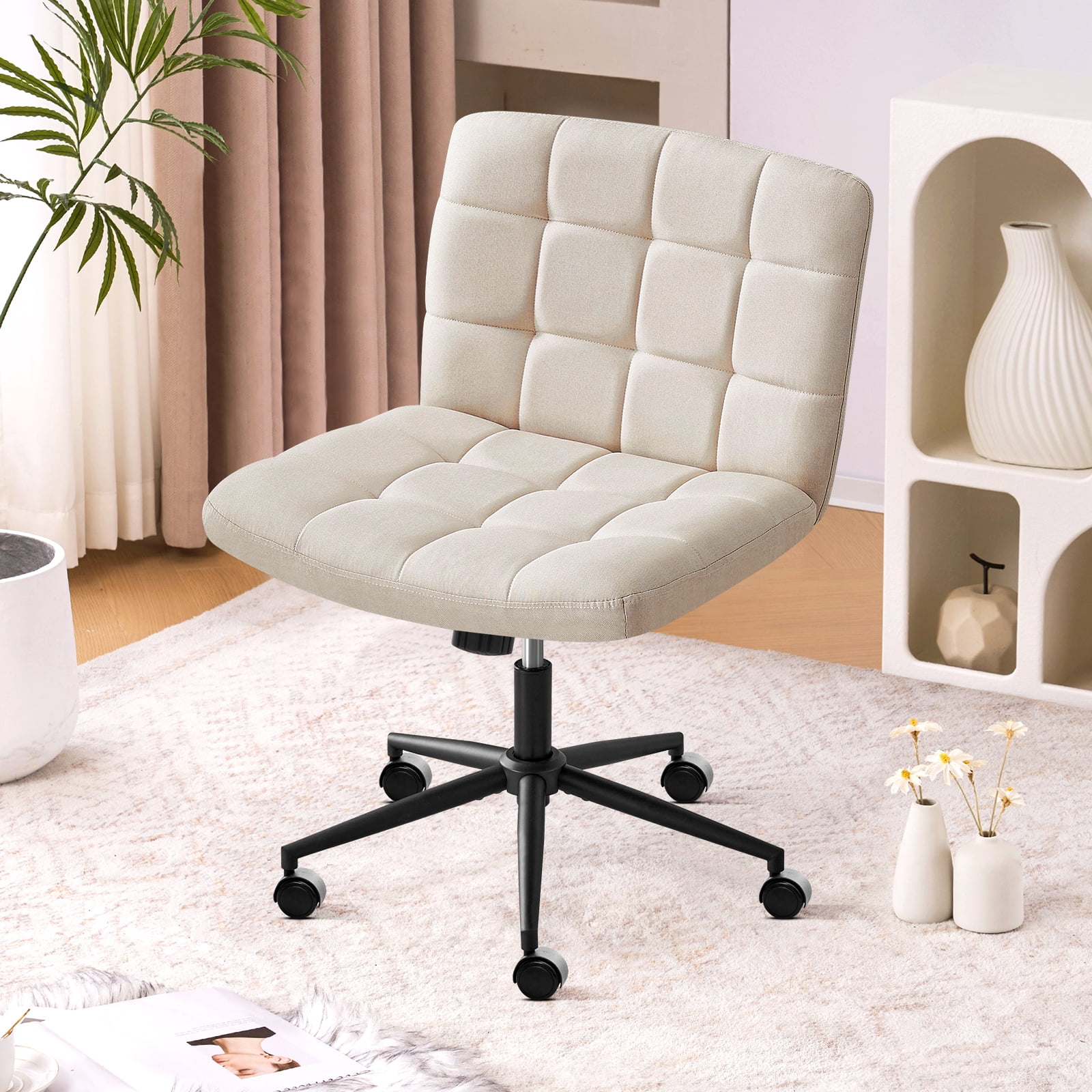 Furniliving Home Office Desk Chairs with Wheels Wide Desk Chair Mid Back Vanity Chair Modern Computer Desk Chair Swivel Accent Chair, Beige