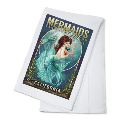 

California Mermaids Drink for Free (top) (100% Cotton Tea Towel Decorative Hand Towel Kitchen and Home)