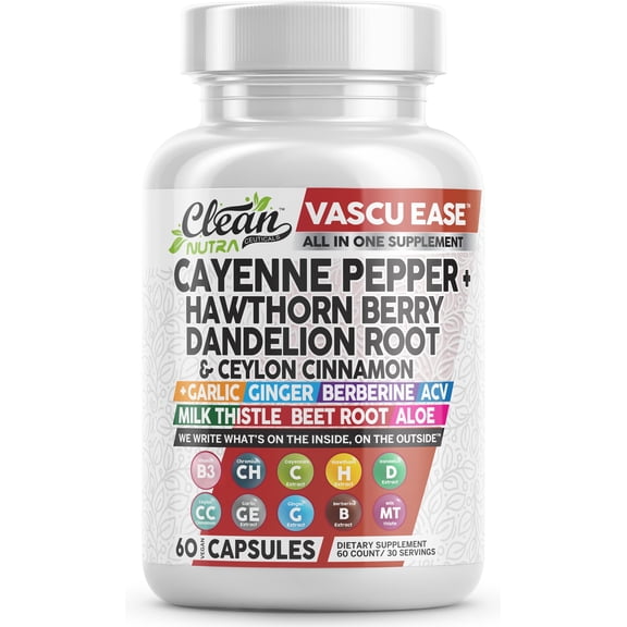 Clean Nutra Cayenne Pepper Capsules Supplement with Hawthorn Berry, Dandelion Root, Ceylon Cinnamon, Garlic, Ginger, Berberine, Apple Cider Vinegar, Milk Thistle, Beet Root, Aloe Vera Pills & More