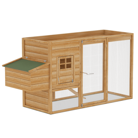 MoNiBloom Outdoor Chicken Coop with Nesting Box, Outdoor Hen Run House with Slide-Out Tray and Sliding Door, Weatherproof Poultry Cage, Rabbit Hutch, Wood Duck House (Natural)