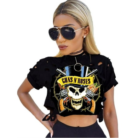 - Punk Print Women Short Sleeve Summer Crop Tops Casual Ripped Shirt
