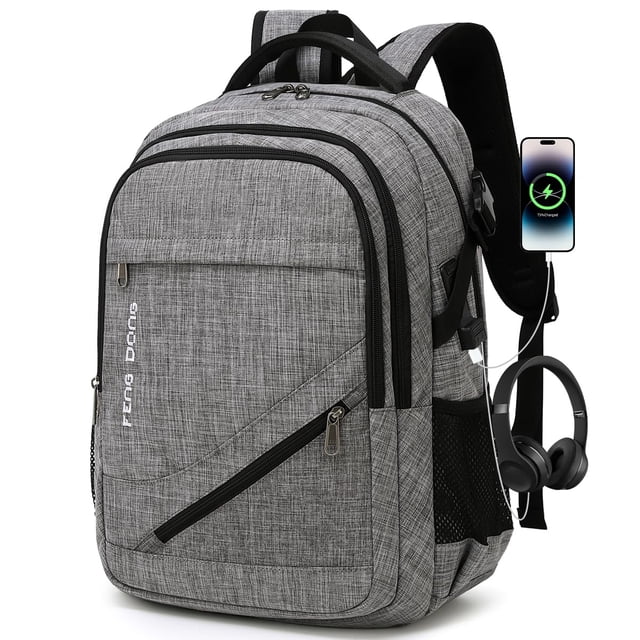 Mochila FENGDONG para portátil grande de 17,3", impermeable, gris oscuro