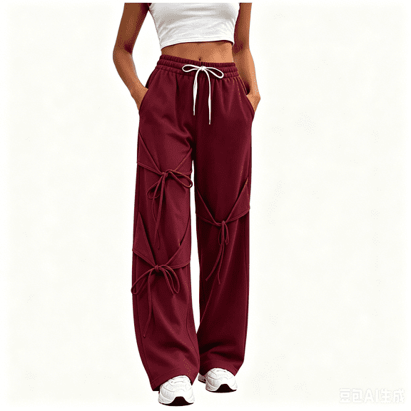 Asgosdo Women's Pants Drawstring High Elastic Waisted Wide Straight Leg Casual Irregular Trousers with Pockets