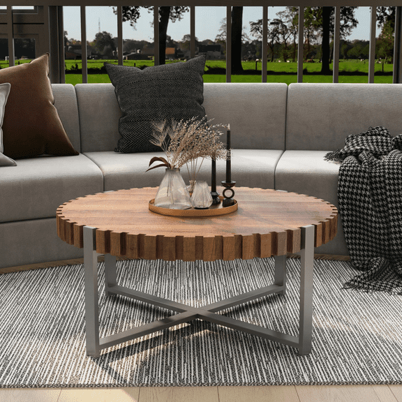 31.4-inch Living Room Circular Coffee Table | Modern Natural Wood Grain | Handmade Drum Shape | Sturdy Base for Small Spaces