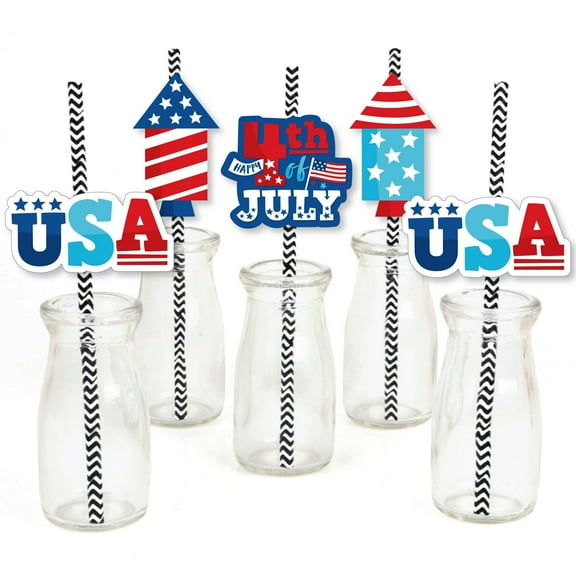 Big Dot of Happiness Firecracker 4th of July - Paper Straw Decor - Red, White and Royal Blue Party Striped Decorative Straws - Set of 24