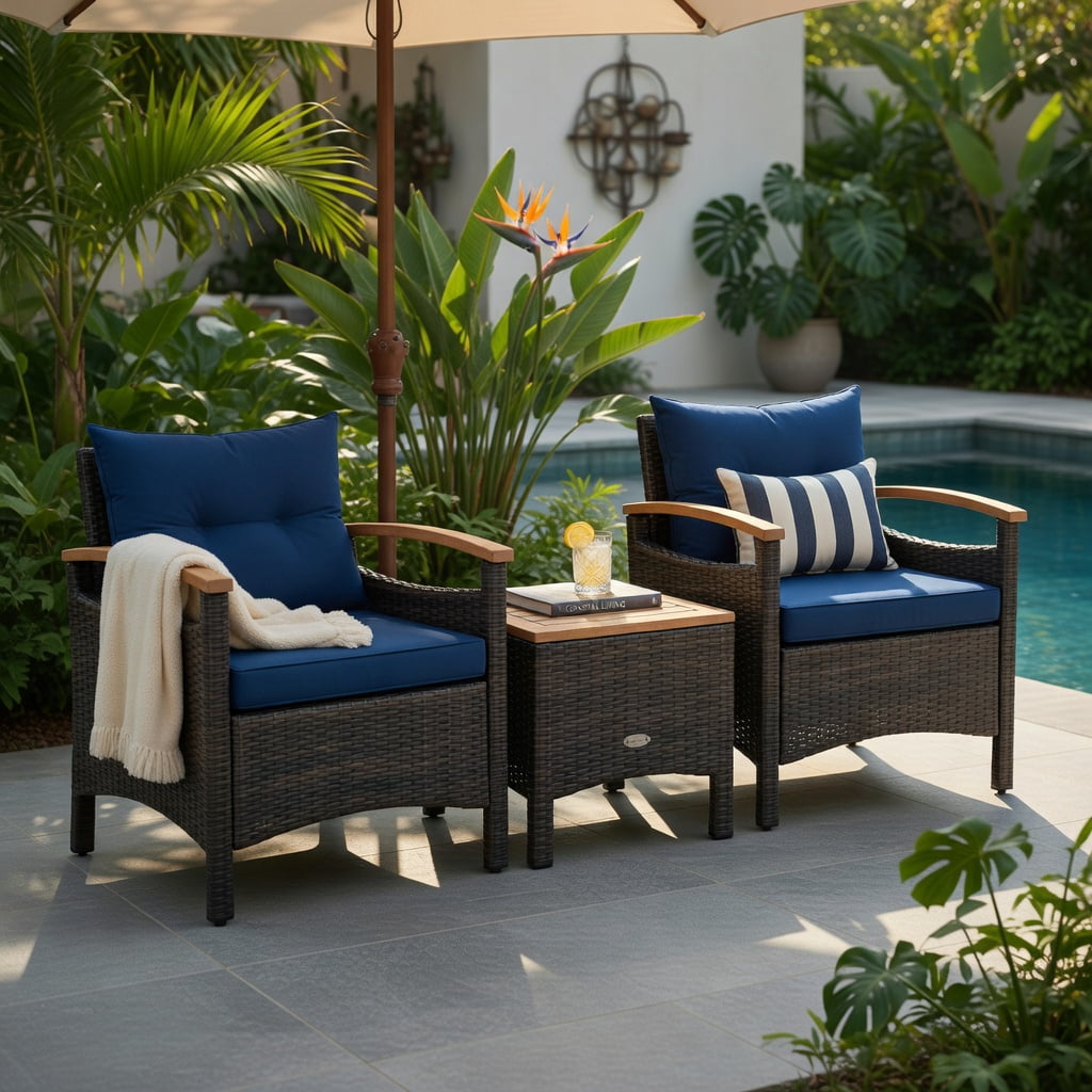 Hommoo 3-Piece Outdoor Rattan Patio Furniture Set, Steel Frame + Acacia Wood Coffee Table, Weather-Resistant PE Wicker Sofas, Navy