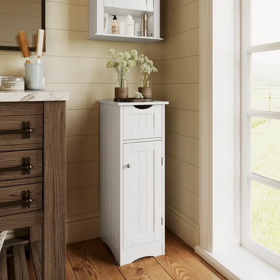 RiverRidge Ashland 1-Door Slim Bathroom Storage Cabinet with Drawer and Shelves - White
