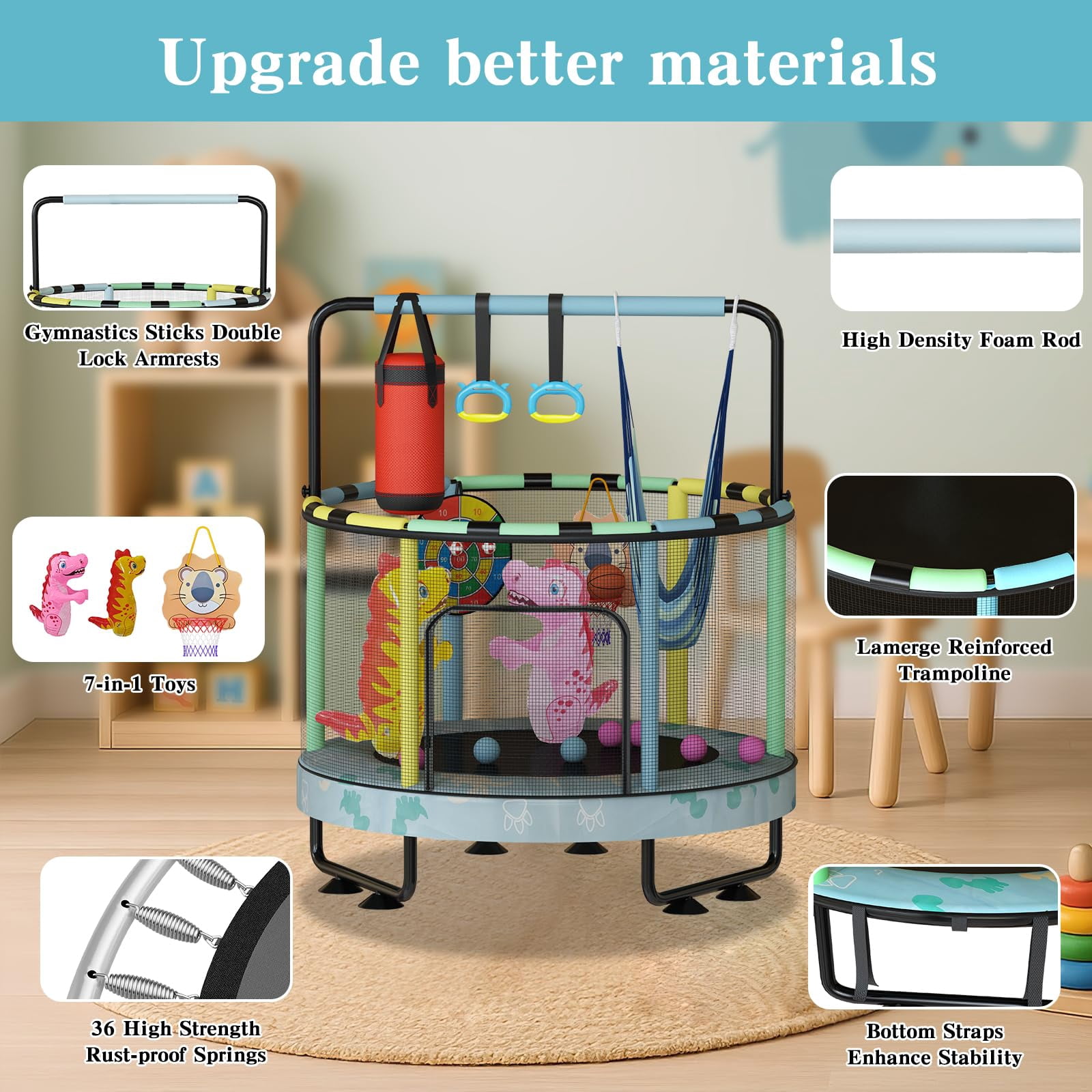 Baxluxe 55" 7-in-1 Upgraded Kids Trampoline, Reinforced Safe Design with Adjustable Height & Net, 500lbs Capacity Indoor and Outdoor Mini Trampoline for Boys & Girls Ages 3-8, Blue Dinosaur