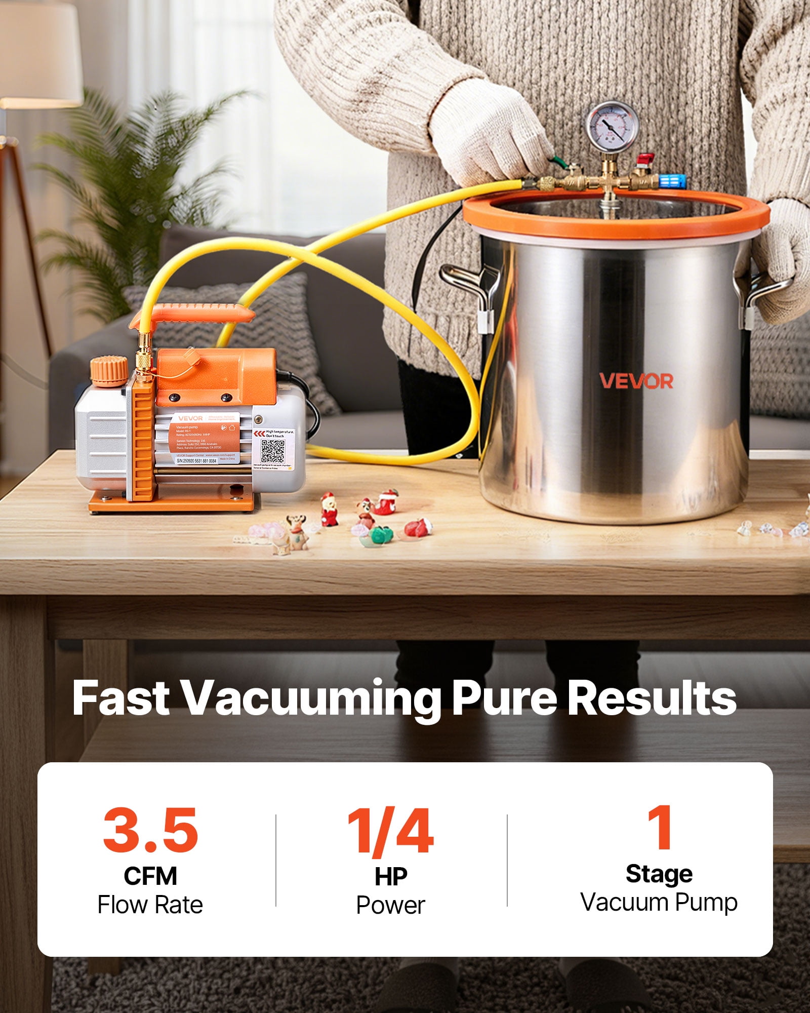 VEVOR 5 Gallon Vacuum Chamber with Pump, 3.5 CFM, Single Stage Vacuum Pump, Stainless Steel Degassing Chamber Kit with Tempered Glass Lid, 5 ft Hose, for Stabilizing Wood Degassing Silicone Resin