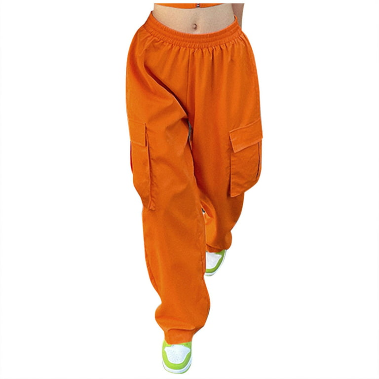 QWANG Orange Women Low Waist Baggy Cargo Pants Loose Pocket Jogger Trousers  Hippie Punk Streetwear 