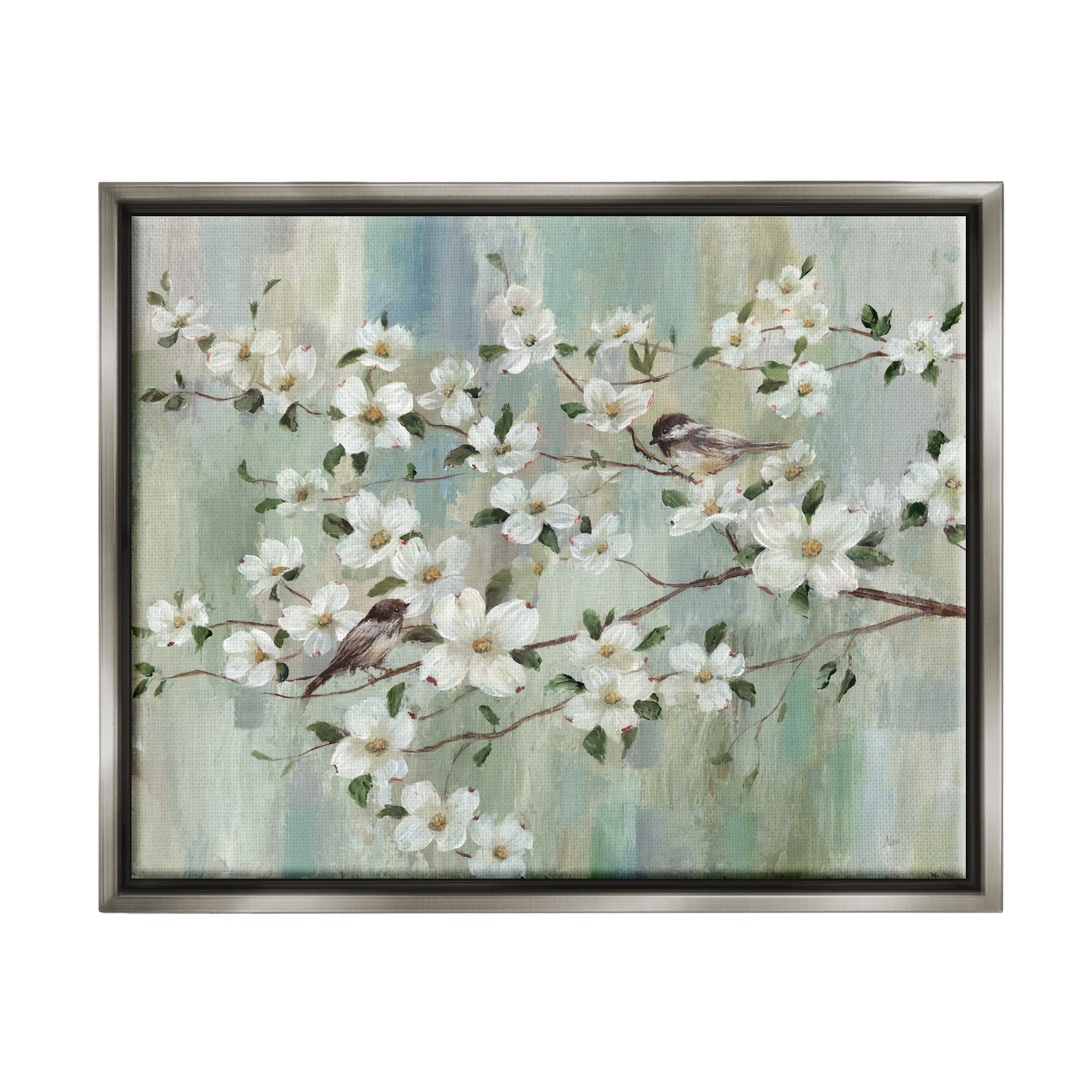 Stupell Industries Delicate Cherry Blossom Flowers Perched Birds Classic Painting Painting Luster Gray Floating Framed Canvas Print Wall Art, Design by Nan