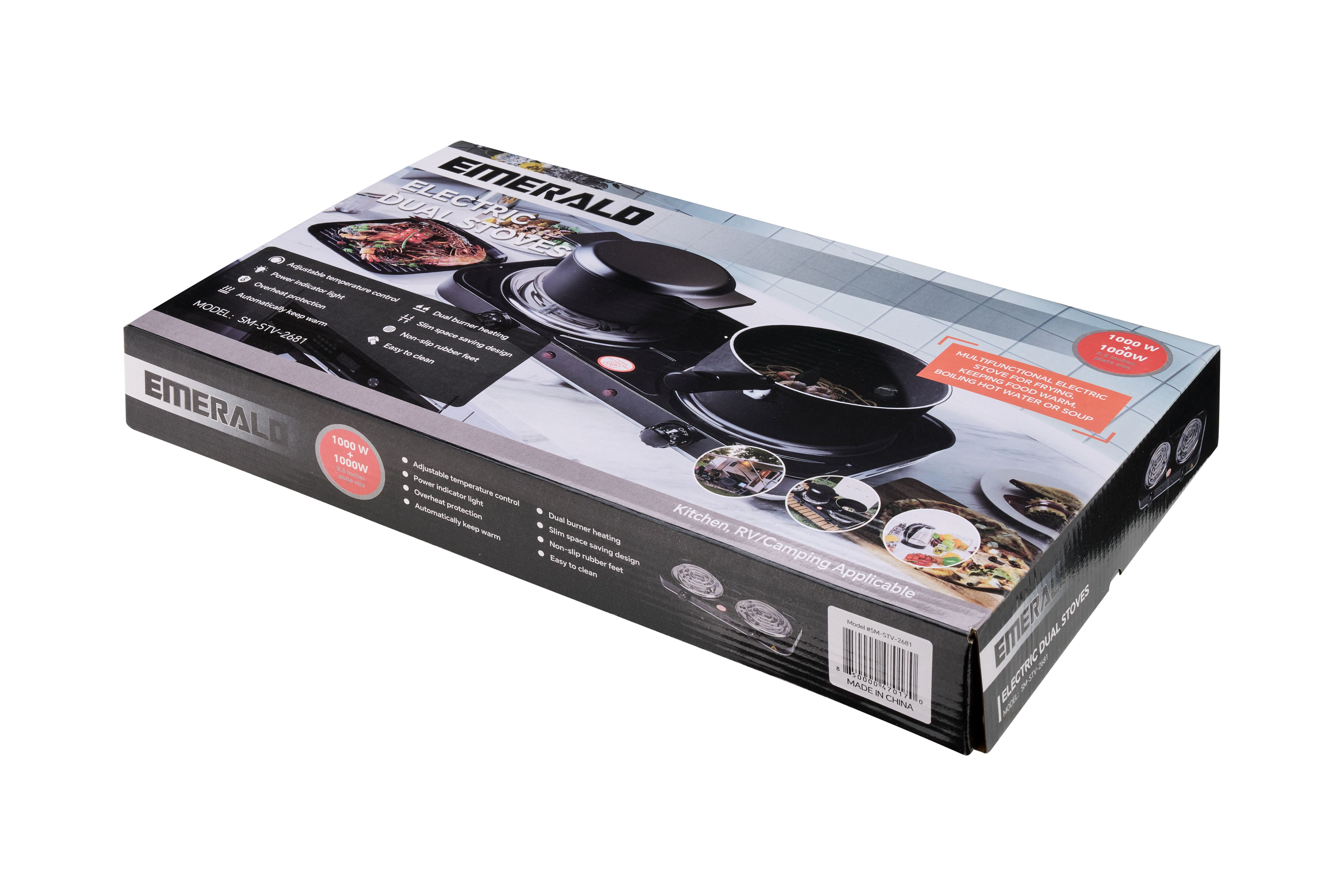 Emerald Compact & Portable, 2000W (2x1000W) Electric Double Burner 5.5" Coils Stovetop - Black