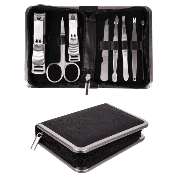 Mens Manicure Set Nail Clippers Pedicure - 8 Pieces Stainless Steel Kit, Professional Grooming Kits, Nail Care Tools with Travel Case (Black)