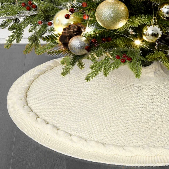 48" Knitted Christmas Tree Skirts Decorations, Cable Knit Thick Rustic Christmas Tree Decorations, Christmas Tree Skirts Collars, White Knitted Xmas Tree Skirts Ornaments for Family