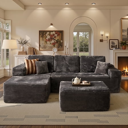 Ovios 106" Cloud Sofa Couch No Assembly Boneless Deep Seat Sofa with Ottoman for Living Room, Gray (Plush Corduroy)