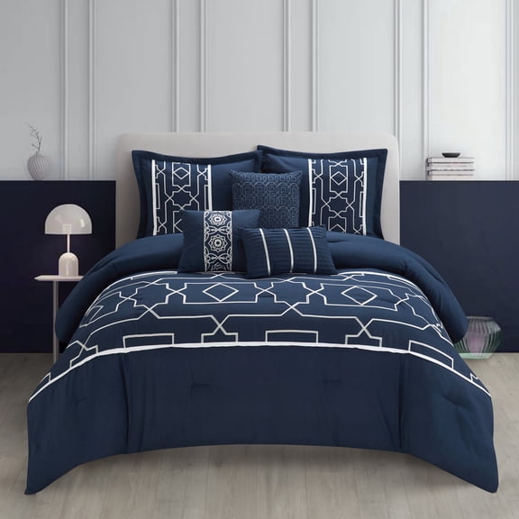 Lanco Pagoda Geometric 6 Piece Comforter Set Navy, Bed Size King, 100% Polyester Fill