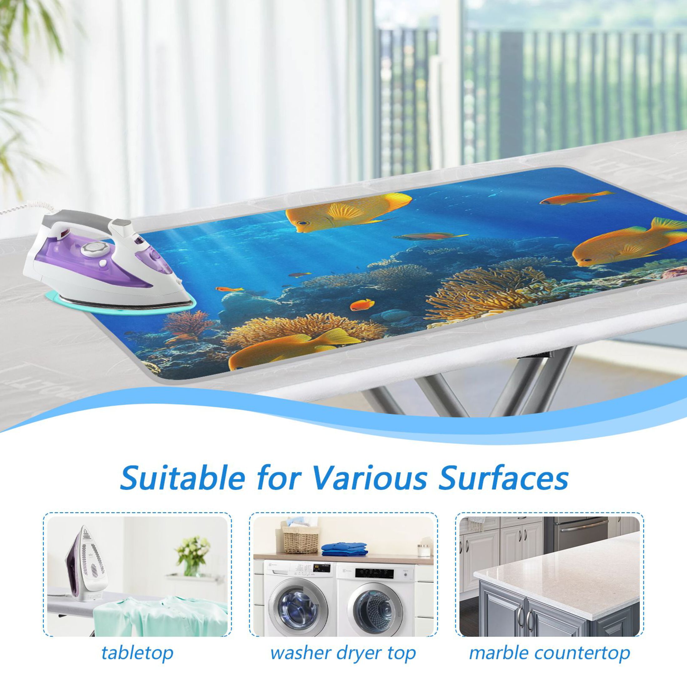 Yellow Fishes Corals in Sea Ironing Mat Blanket Portable Travel Ironing Pad Heat Resistant Pad 47.2" x 27.6”