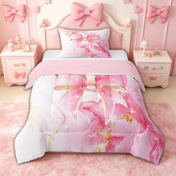 spefrowx Marble Ombre Bowknot Twin Comforter Sets for Kids, Cherry Blossoms Pink Stripes Bedding Set, Pink Reversible, 2pcs, 1 Comforter and 1 Pillowcase