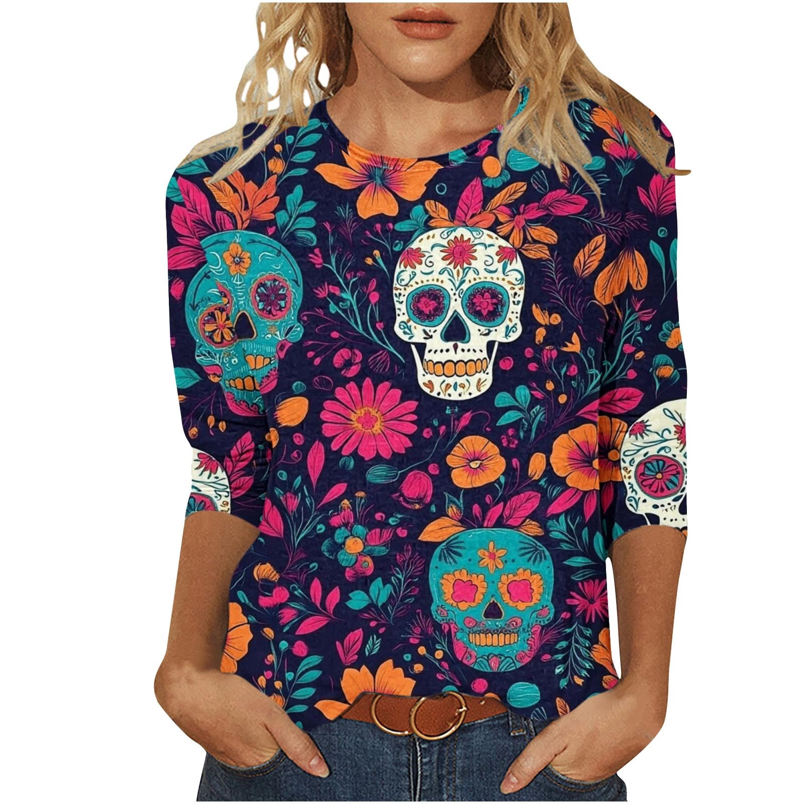 Women's Day of The Dead Print T-Shirt Crew Neck 3/4 Sleeve Loose Fit Mexican Skull Tee