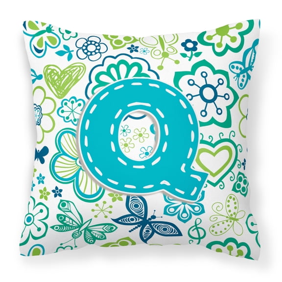Carolines Treasures CJ2006-QPW1414 Letter Q Flowers And Butterflies Teal Blue Canvas Fabric Decorative Pillow