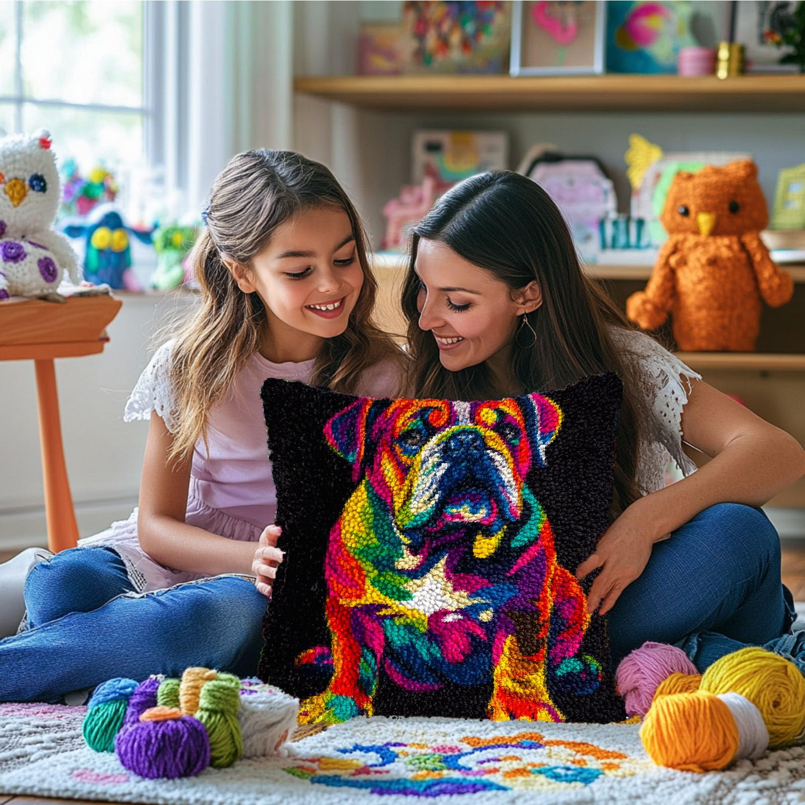 DIY Latch Hook Pillow Kits Rainbow Colorful English Bulldog Printed Pillowcase Crochet Yarns Hooking Handmade Pillow Cover Cushion for Home Sofa Decoration 17x17inch-8