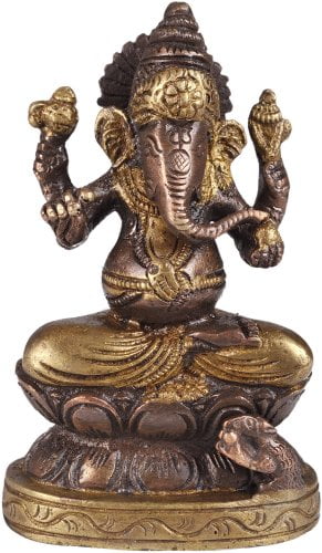 Color Greenish Gold Color Brass Statue Exotic India Four-Armed Ganesha Seated in Easy Posture on Lotus