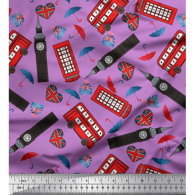 Soimoi Modal Satin Fabric Bus,Telephone Booth & London Clock Tower Architectural Print Sewing Fabric Yard 42 Inch Wide