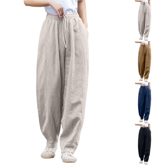 WULMLEO Linen Harem Pants for Women Drawstring Waist Casual Trousers with Pockets for Summer Light Gray M