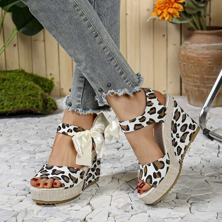 Wedge Sandals for Women Ladies Wide Fit Wedges Sandals Leopard Print Peep Toe Slingback Platform Sandals High Heels Ankle Strap Summer Beach Sandals Espadrilles Shoes Sale Clearance Walmart