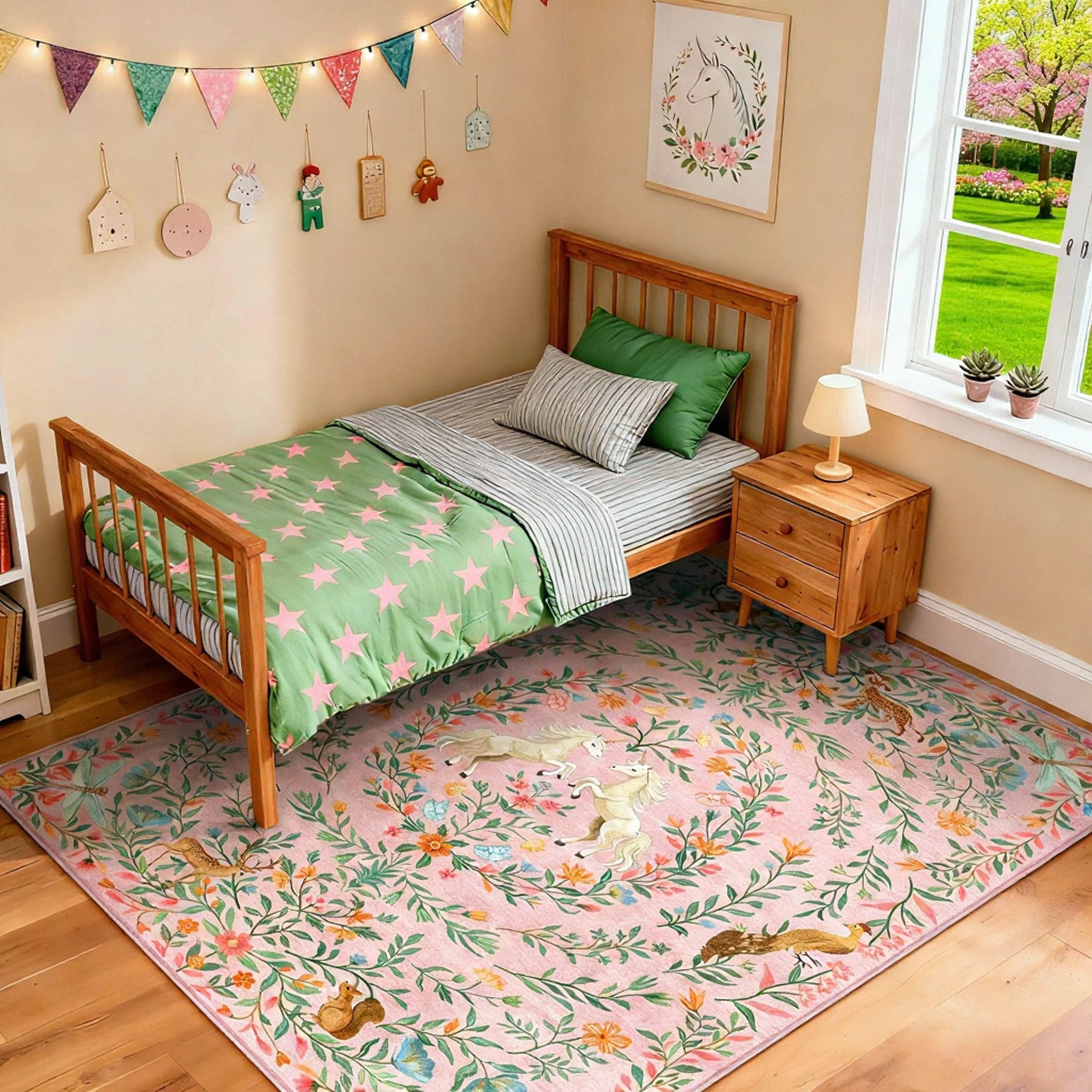 Moynesa 5'x7' Washable Fantasy Garden Area Rugs for Living Room, Vintage Botanical Unicorn Girls Rugs for Bedroom, Animal Accent Carpet for Nursery Playroom, Pink