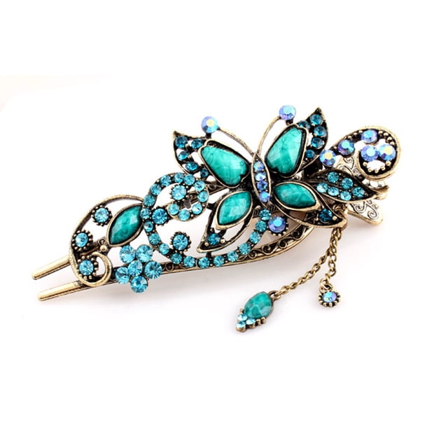 Diapositiva de pasador de pelo de mariposa de cristal de diamantes de imitación azul de moda vintage LingWen 8390606276315