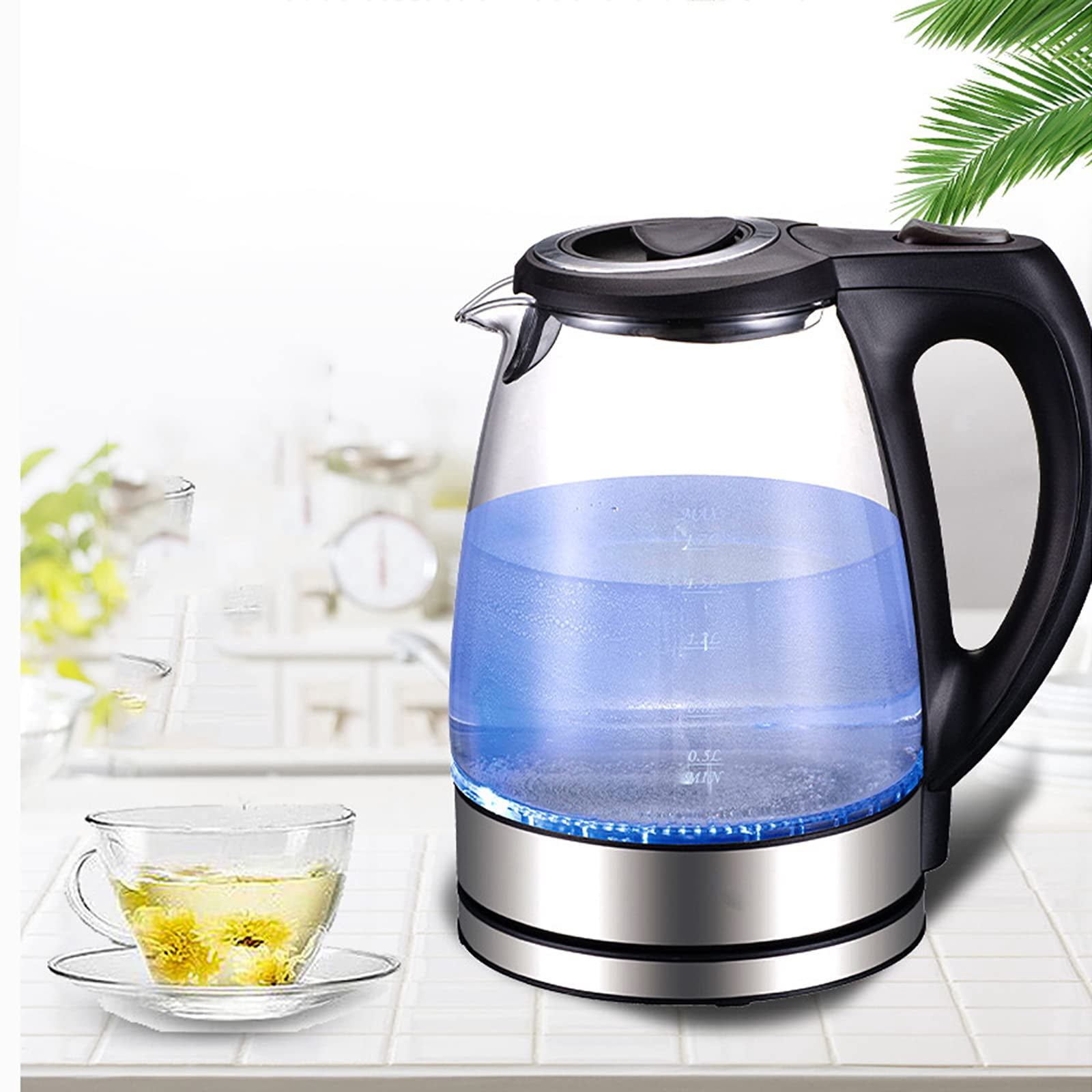 Yilush Electric Kettle, No Plastic Contact With Water, Wide Mouth For Easy Cleaning, Auto Shut Off, 1.7L Tea Kettle & Hot Water Boiler, Water Heater & Teapot, Borosilicate Glass, Black, 1500W