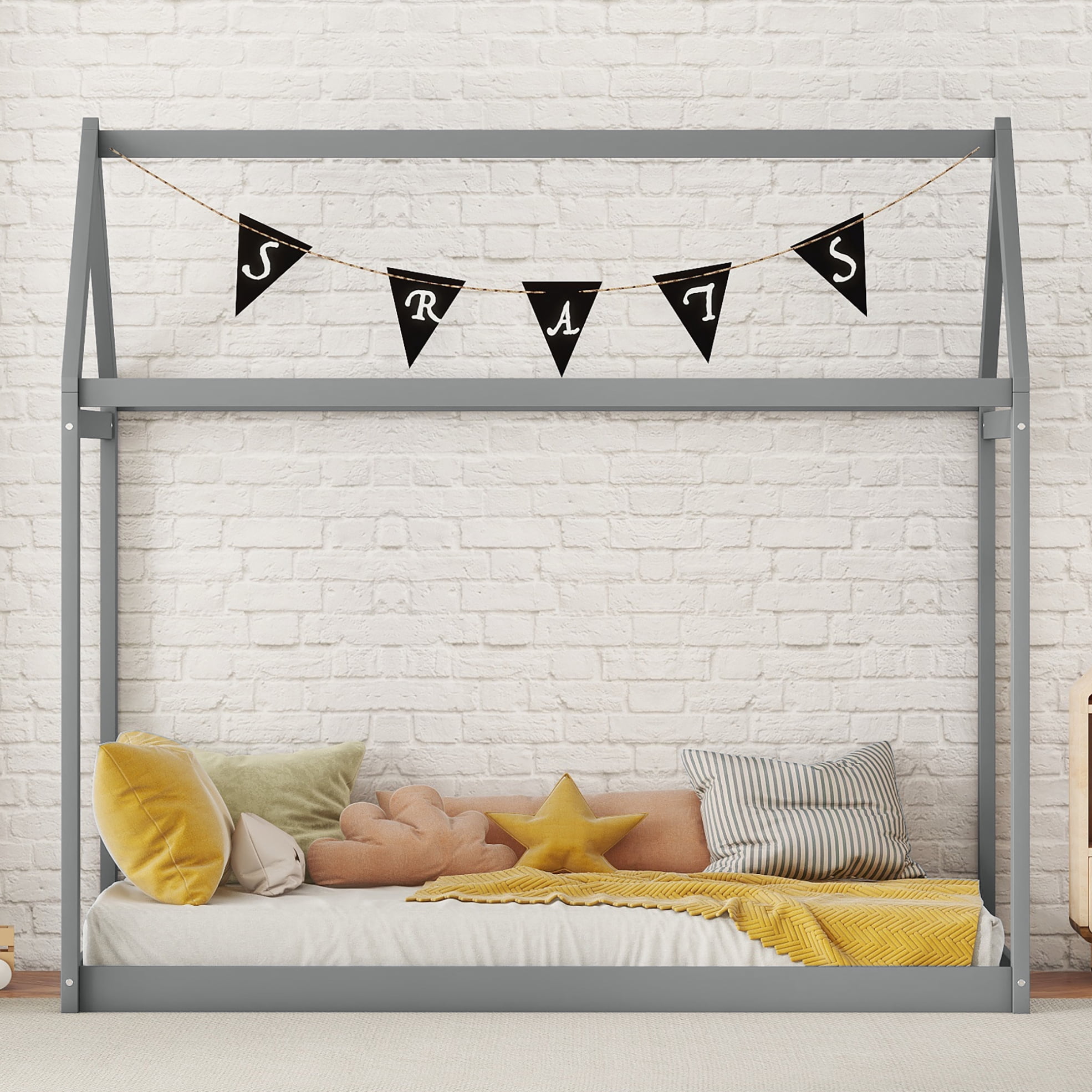 Twin House Bed, Wood Montessori Bed Frame with House Roof Canopy, Low Floor Bed with Sturdy Wood Slat Support for Kids Boys Girls, 400LBS Weight Capacity, No Box Spring Needed, Gray