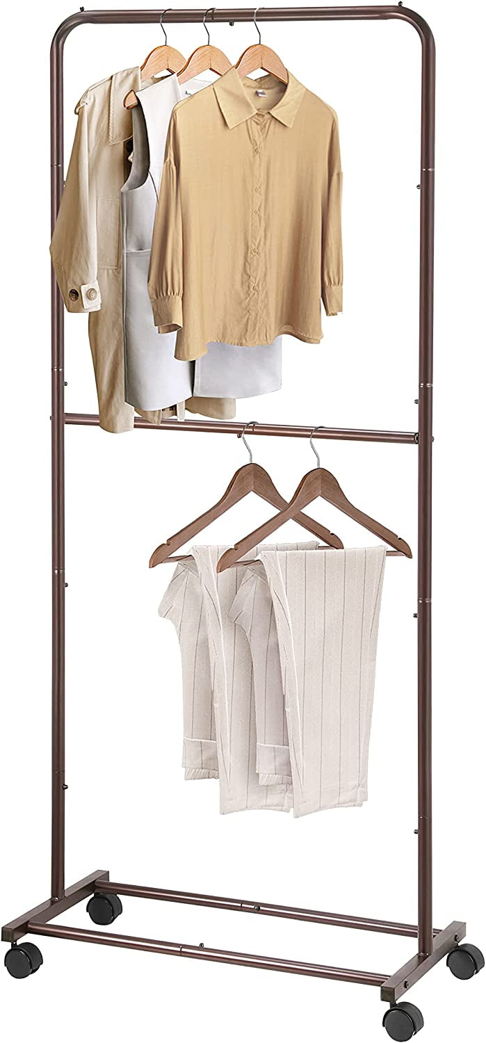 Simple Trendy Double Rod Clothing Rack with Wheels Rolling Clothing
