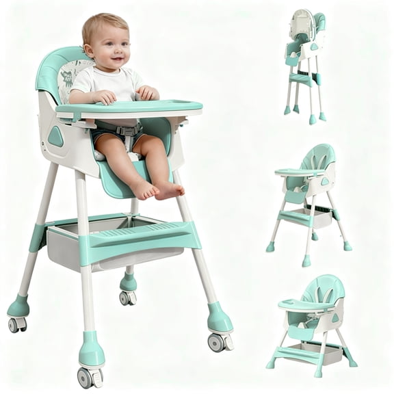 Foldable Baby High Chair with Removable Double Tray, Adjustable Footrest, Storage Basket, Rolling Wheels, Feeding Chair for Infants and Toddlers