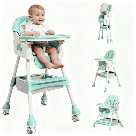 Foldable Baby High Chair with Removable Double Tray, Adjustable Footrest, Storage Basket, Rolling Wheels, Feeding Chair for Infants and Toddlers
