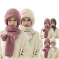 thumbnail image 2 of Xfvqtps Womens 2 PCS Beanie Scarf Integrated Knitted Crochet Solid Color Cuffed Thickened Windproof Coldproof Warm Outdoor Cycling Winter Hat Scarf Set White+Pink, 2 of 8